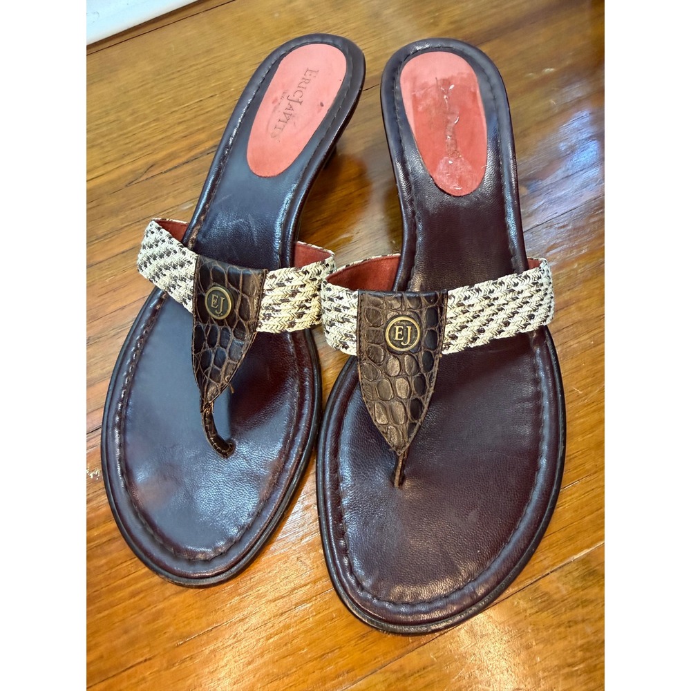 Eric Javits Brown Woven Croc Embossed Leather Kitten Heel Thong Sandals 9.5
